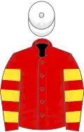 Red, yellow hooped sleeves, white cap