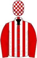 Red and white stripes, red sleeves, check cap