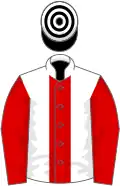 White, red stripe and sleeves, black and white hooped cap