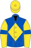 Royal blue, yellow diamond, yellow sleeves, royal blue armlets, yellow cap