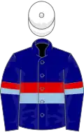 Navy blue, red and light blue hoop and armlets, white cap