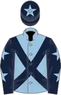 Light blue, dark blue cross belts, dark blue sleeves, light blue stars, dark blue cap, light blue star