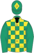 Emerald green and yellow check, emerald green sleeves, yellow diamond on cap