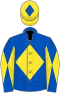 Royal blue, yellow diamond, diabolo on sleeves, yellow cap, blue diamond