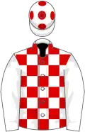White and red check, white sleeves, red spots on cap