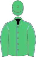 Emerald green, light blue seams, emerald green cap