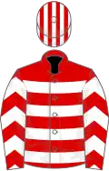 Red, white hoops, chevrons on sleeves, striped cap