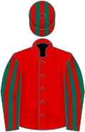 Red, dark green and red striped sleeves and cap