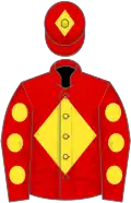 Red, yellow diamond, red sleeves, yellow spots, red cap, yellow diamond