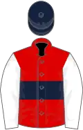 Red, dark blue hoop, white sleeves, dark blue cap