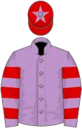 Mauve, red hooped sleeves, red cap, mauve star