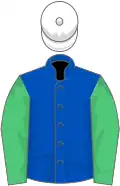 Royal blue, emerald green sleeves, white cap