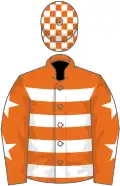 Orange, white hoops, orange sleeves, white stars, check cap