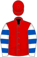 Red, white and royal blue hooped sleeves, red cap