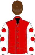 Red, white sleeves, red spots, brown cap