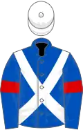 Royal blue, white cross belts, royal blue sleeves, red armlets, white cap