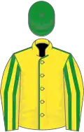 Yellow, green seams, striped sleeves, green cap