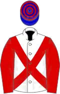 White, red sleeves and cross-belts, blue and red hooped cap