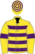 Yellow, purple hoops and armlets, hooped cap
