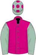 Cerise, cambridge blue sleeves, blue cap, cerise spots