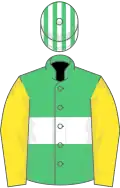 Emerald green, white hoop, yellow sleeves, emerald green and white striped cap