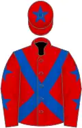 Red, royal blue cross belts, red sleeves, royal blue stars, red cap, royal blue star