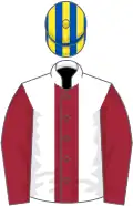 White, maroon stripe and sleeves, royal blue and yellow striped cap