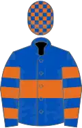 Royal blue, orange hoop, hooped sleeves, check cap