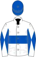 White, royal blue hoop, diabolo on sleeves, royal blue cap