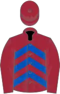 Maroon, royal blue chevrons, maroon sleeves and cap
