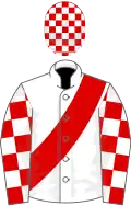 White, red sash, red and white check sleeves and cap