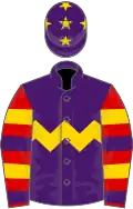 Purple, gold chevron hoop, red, purple and gold hooped sleeves, purple cap, gold stars