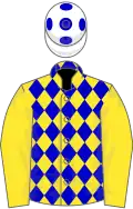 Yellow, blue diamonds, yellow sleeves, white cap, blue spots