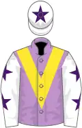 Mauve, gold chevron hoop, white sleeves, purple stars, white cap, purple star