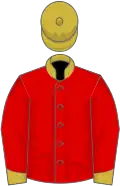red, gold collar, cuffs and cap