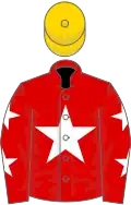 Red, white star, red sleeves, white stars, gold cap