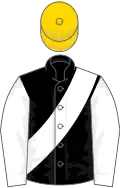 Black, white sleeves and sash, gold cap