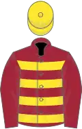 Maroon, yellow hoops, maroon sleeves, yellow cap
