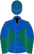 Royal Blue and Dark Green diabolo, halved sleeves, hooped cap