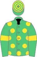 Emerald green, yellow spots and armlets, hooped cap