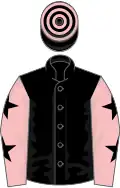 Black, pink sleeves, black stars, black and pink hooped cap