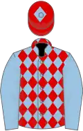 Light blue and red diamonds, light blue sleeves, red cap, light blue diamond