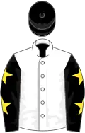 White, black sleeves, yellow stars, black cap