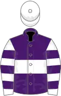 Purple, white hoop, white and purple hooped sleeves, white cap
