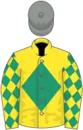 Yellow, emerald green diamond, emerald green diamonds on sleeves, grey cap