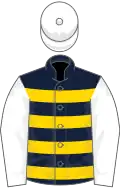 Dark blue, gold hoops, white sleeves and cap