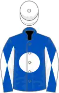 Royal blue, white disc, diabolo on sleeves, white cap