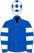 Royal blue, royal blue and white hooped sleeves, white cap, royal blue spots