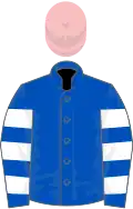Royal blue, white hooped sleeves, pink cap