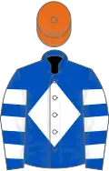 Royal Blue, White diamond, hooped sleeves, Orange cap